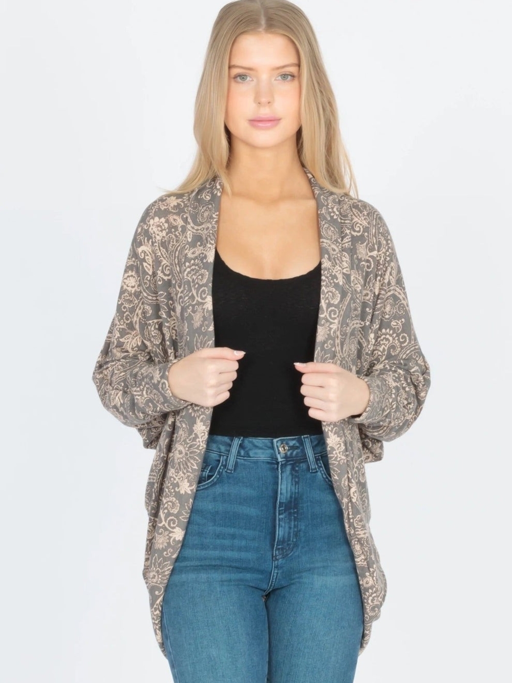 NWOT Miley and Molly Open-Front Paisley Cardigan in Taupe and Charcoal- Medium